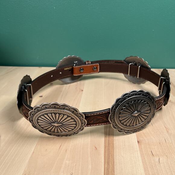 Ariat Western Womens Belt Leather Embossed Design Oval Conchos Brown Sz Small - Picture 7 of 9
